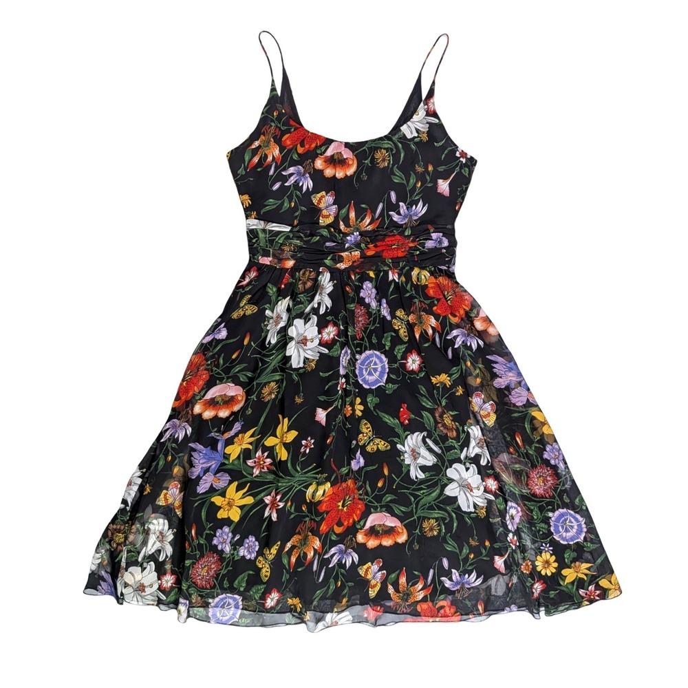 Evelyn Floral Print Chiffon Dress Black Multicolor Fairy Cottagecore Whimsy Sz 4